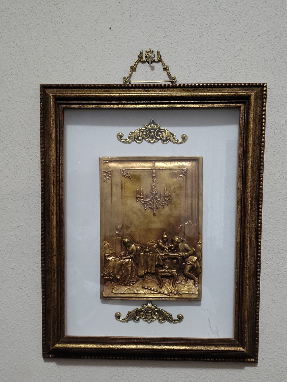 Gold Mid century Sungott Framed Embossed Dining Scene With Filagree